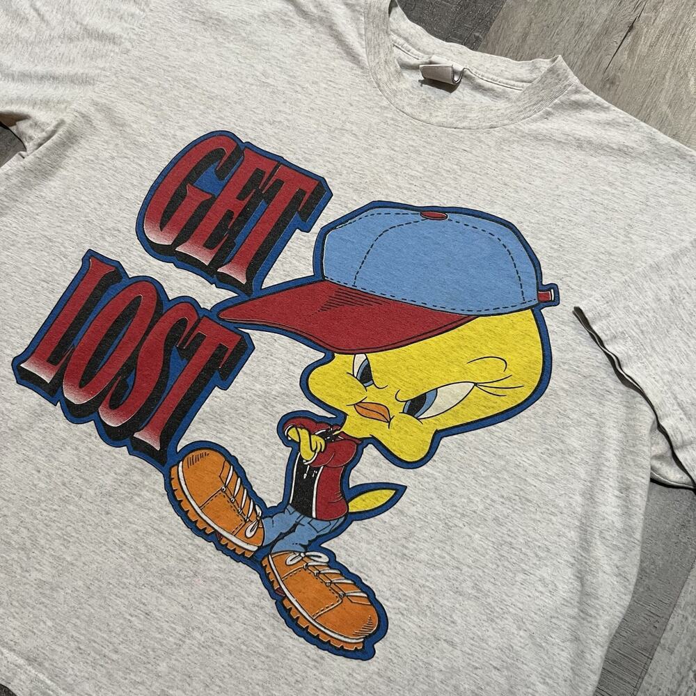 Vintage Tweety Bird Big Graphic Get Lost Cartoon Looney Tunes 90s Mens T Shirt - Picture 3 of 4